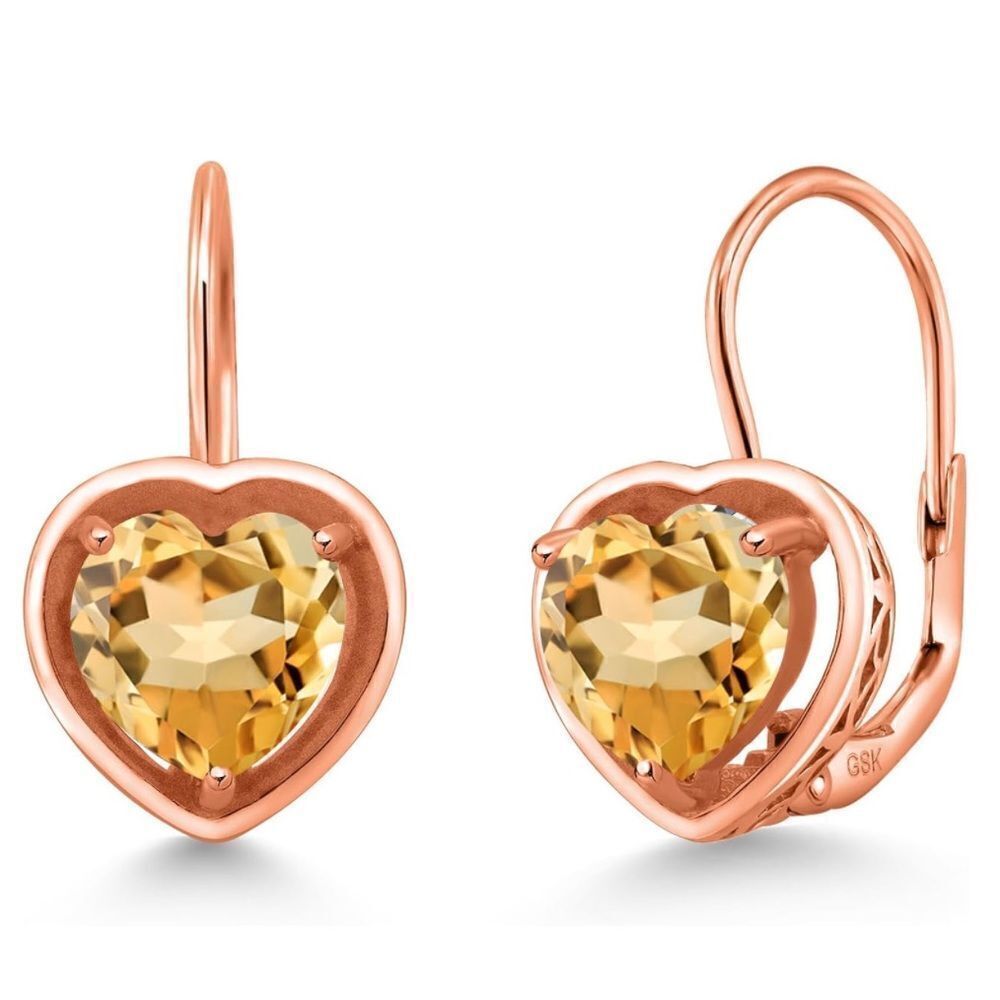 18K Rose Gold 925 with 2.00 Cttw 7MM Citrine Heart Leverback Drop Earrings